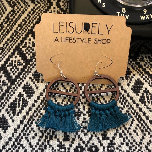 Teal Tassel Earrings | Dark Wood, Cotton & Silver - Picture 9 of 11
